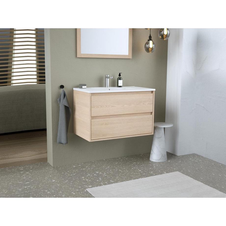 Vente-unique Meuble de salle de bain suspendu avec vasque à encastrer et miroir - Placage chêne - 80 cm - MILIPAM  