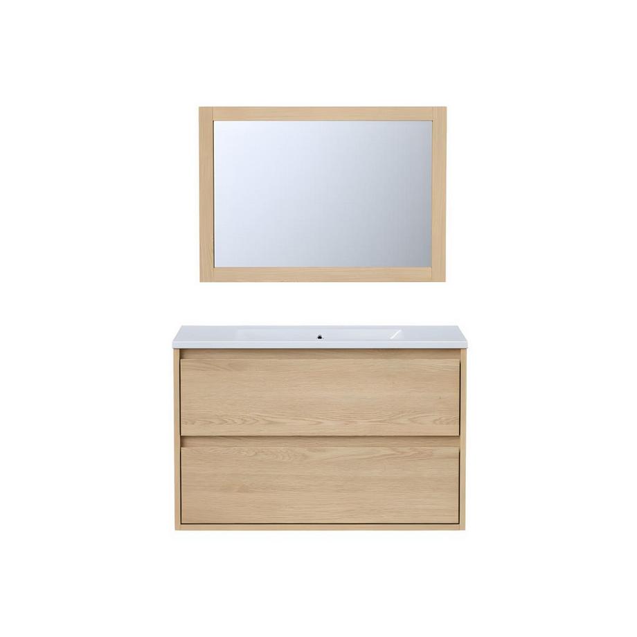Meuble de salle de bain suspendu avec vasque à encastrer et miroir - Placage chêne - 80 cm - MILIPAM