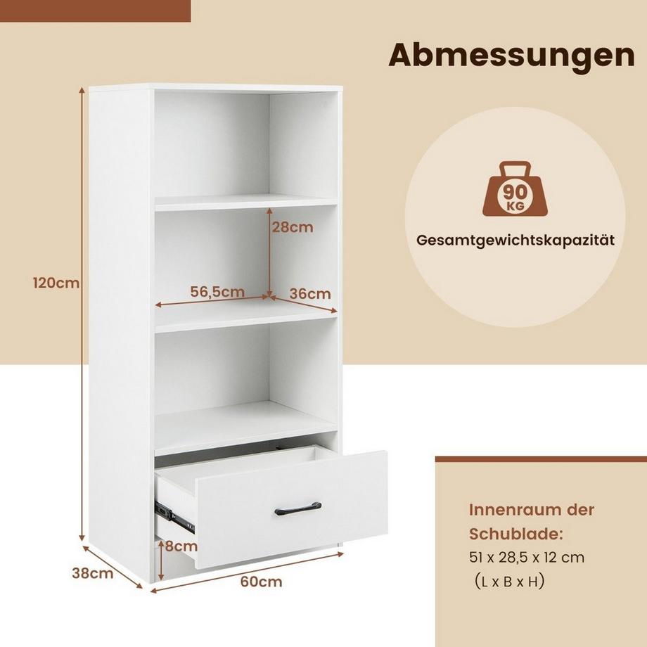 Northio Bibliothèque avec tiroirs étagère de rangement 4 niveaux en bois étagère sur pied 120cm blanc  