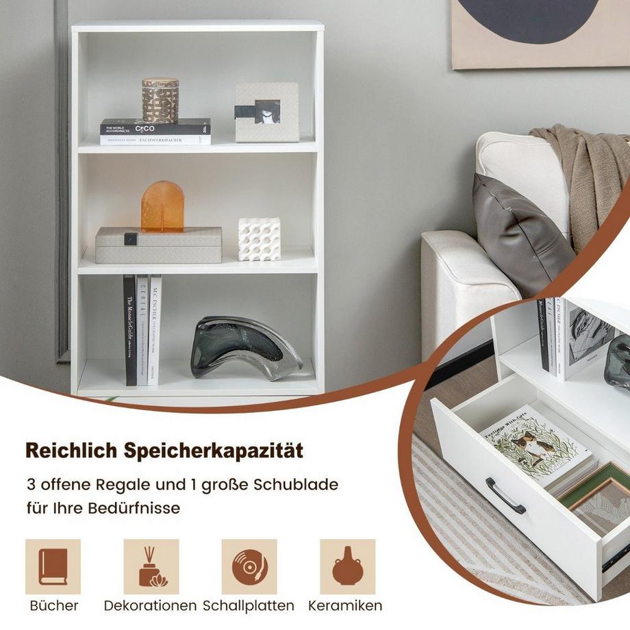 Northio Bibliothèque avec tiroirs étagère de rangement 4 niveaux en bois étagère sur pied 120cm blanc  