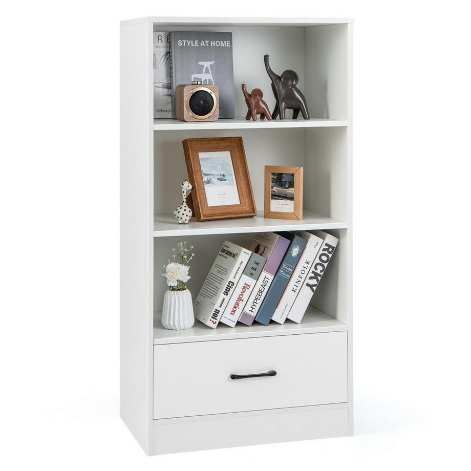 Northio Bibliothèque avec tiroirs étagère de rangement 4 niveaux en bois étagère sur pied 120cm blanc  