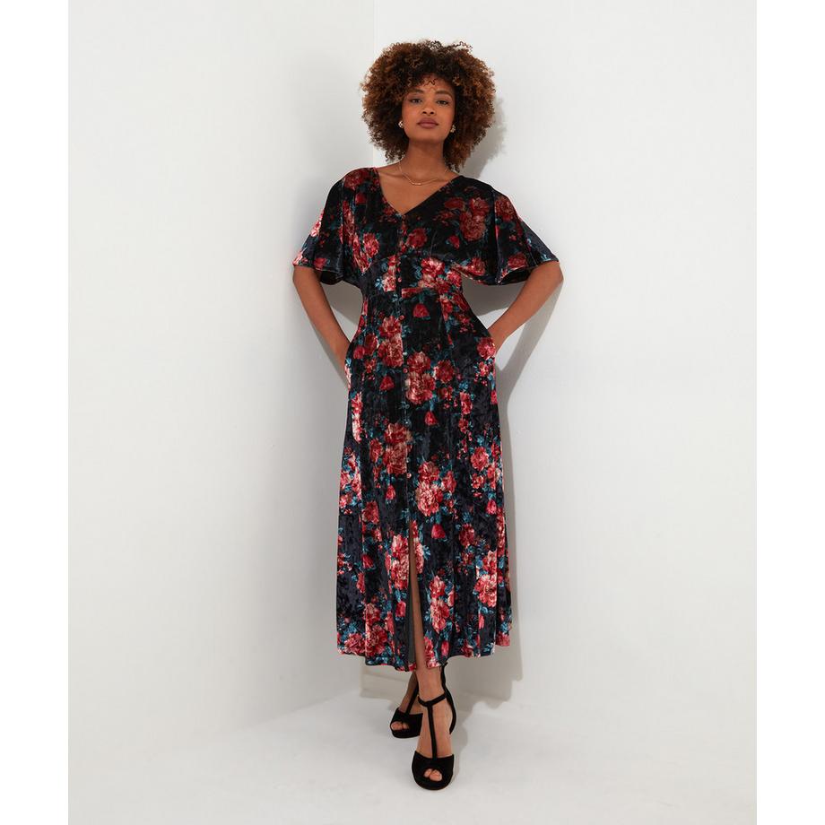 PETITE Velours-Kleid mit Blumenmuster und Bindegürtel