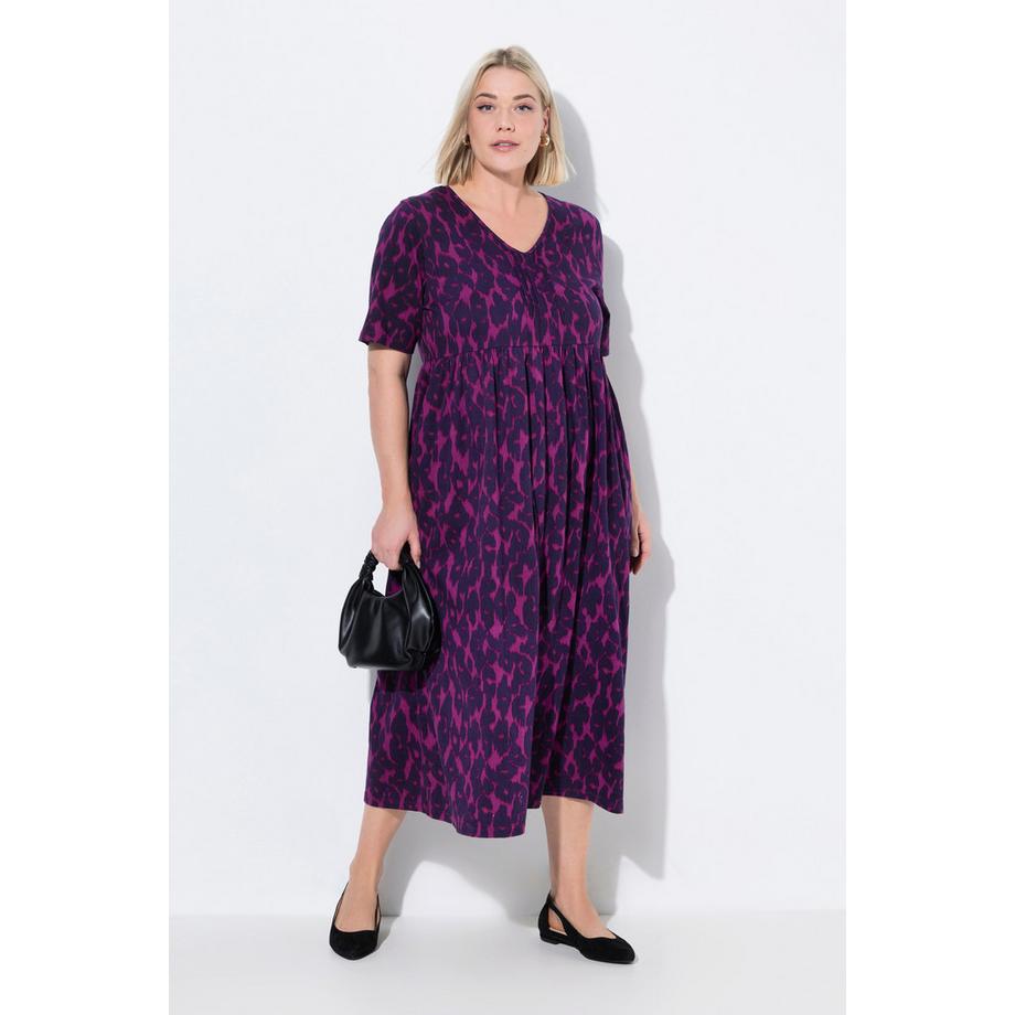 Ulla Popken Robe Maxi Coupe Évasée Passepoils Décolleté en V Manches Courtes  