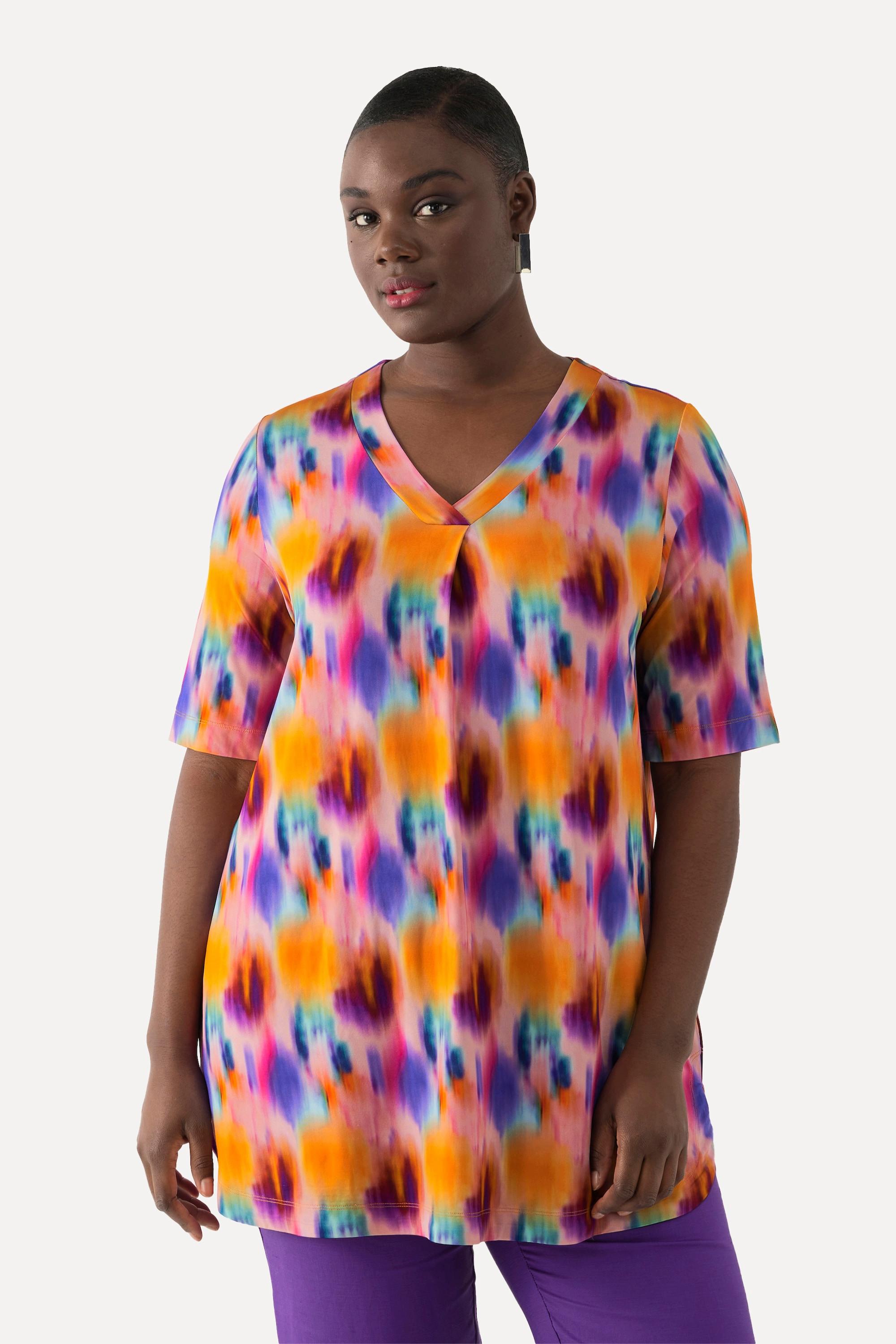 Ulla Popken  T-shirt en tissu fluide slinky, ligne A, col V et manches courtes 