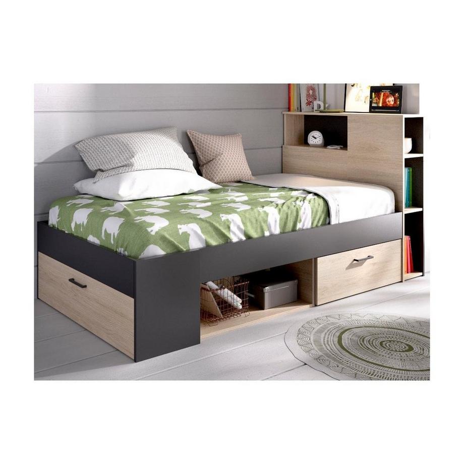 Vente-unique Letto con testiera portaoggetti e cassetti Rovere Antracite LEANDRE con o senza materasso  