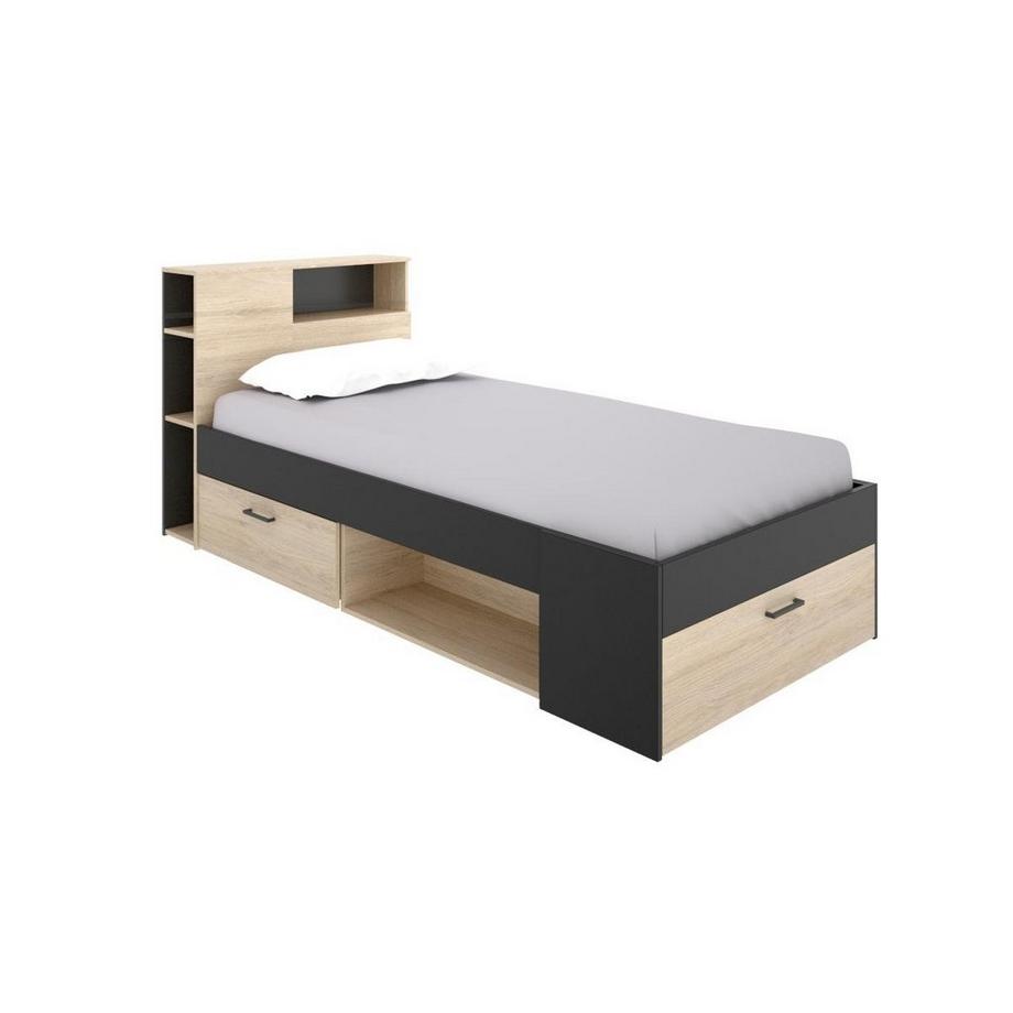 Vente-unique Letto con testiera portaoggetti e cassetti Rovere Antracite LEANDRE con o senza materasso  