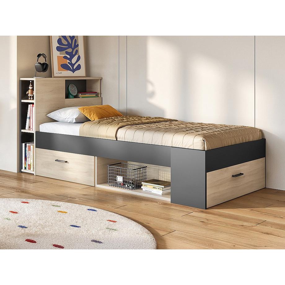 Vente-unique Letto con testiera portaoggetti e cassetti Rovere Antracite LEANDRE con o senza materasso  