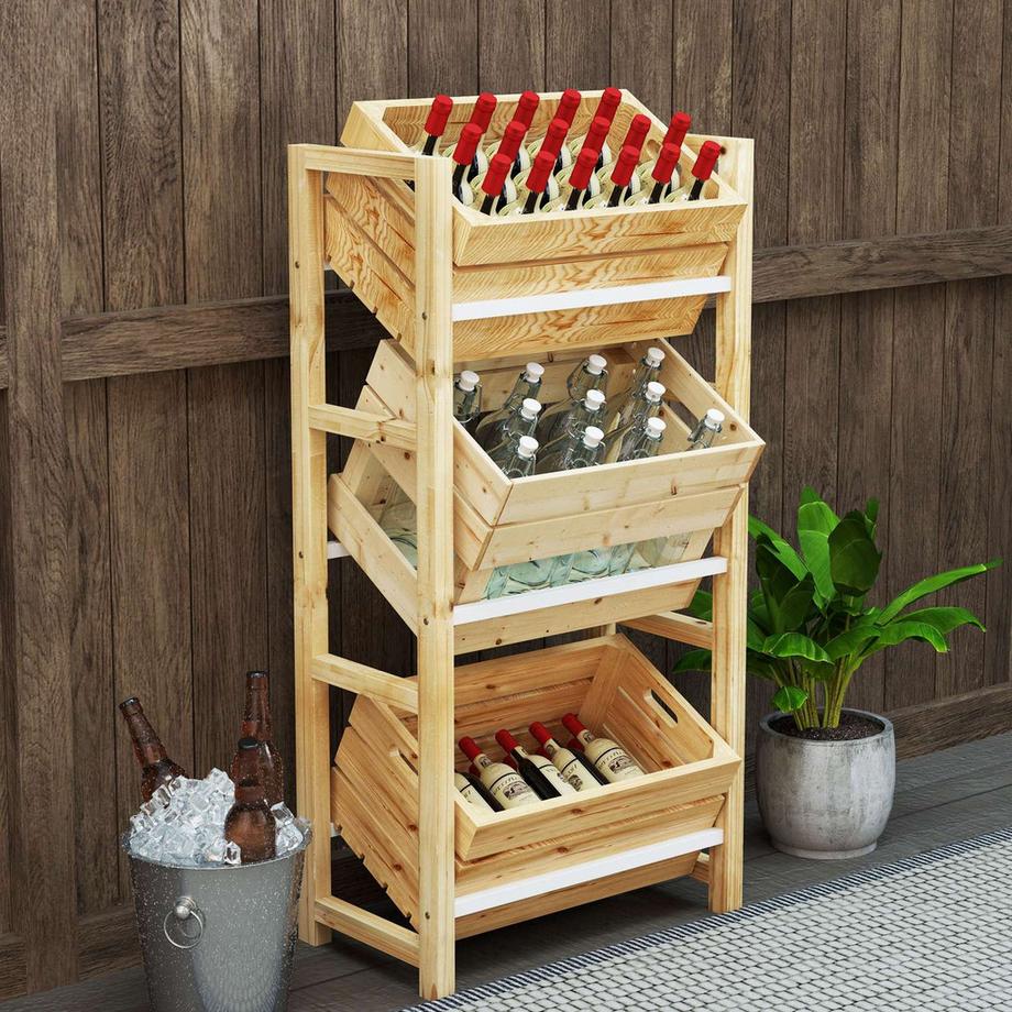 Northio Getränkekistenregal für 3 Getränkekisten Getränkeregal Holz Kistenregal mit 3 Ebenen freistehend Getränkekistenhalter belast 150kg Kistenständer für Bier, Wasser 56 x 32 x 112 cm Naturholz Aosom  