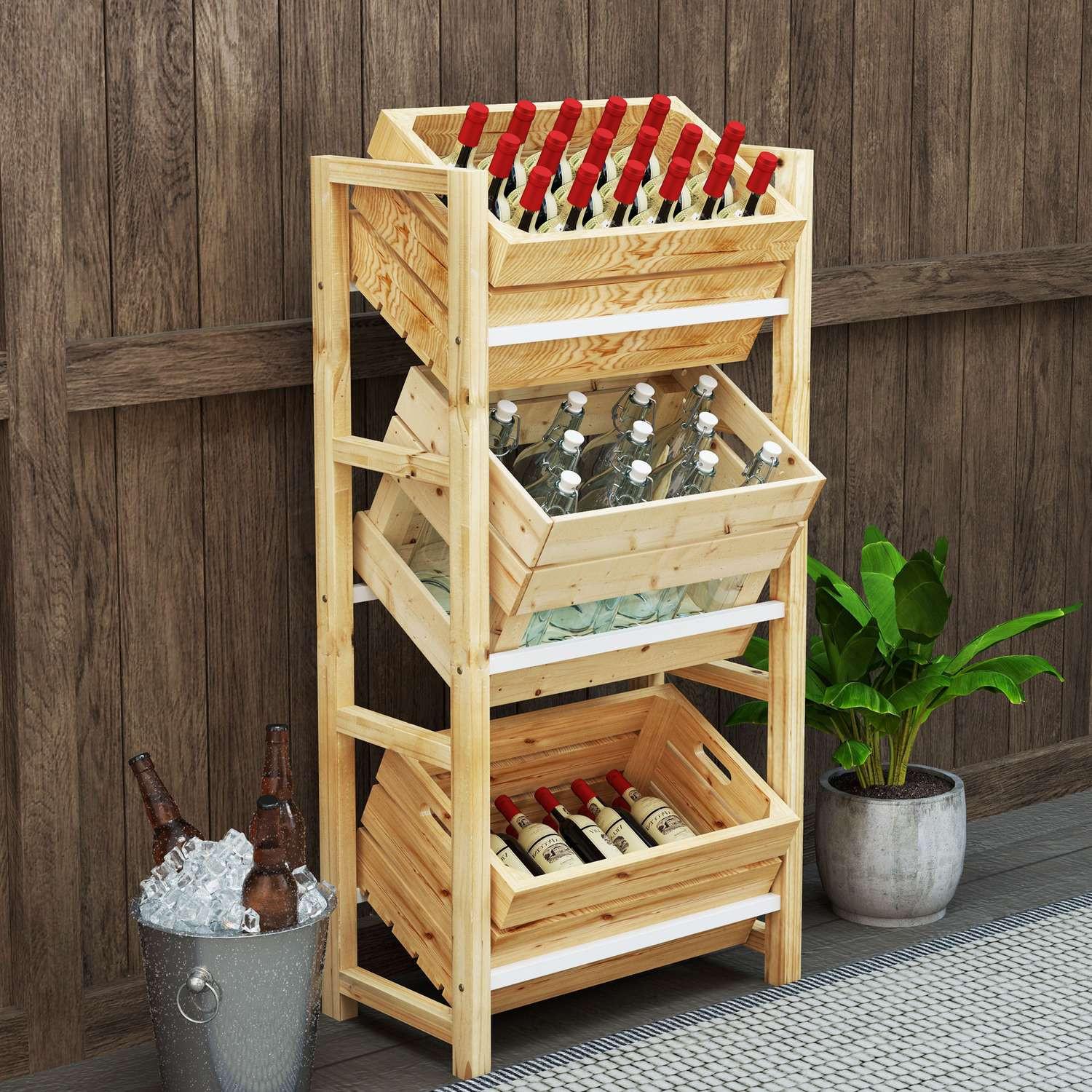 Northio Support pour caisses à boissons pour 3 caisses à boissons, étagère à boissons, étagère à caisses en bois à 3 niveaux, support pour caisses à boissons sur pied, charge 150 kg, support pour caisses à bière, eau, 56 x 32 x 112 cm, bois naturel  