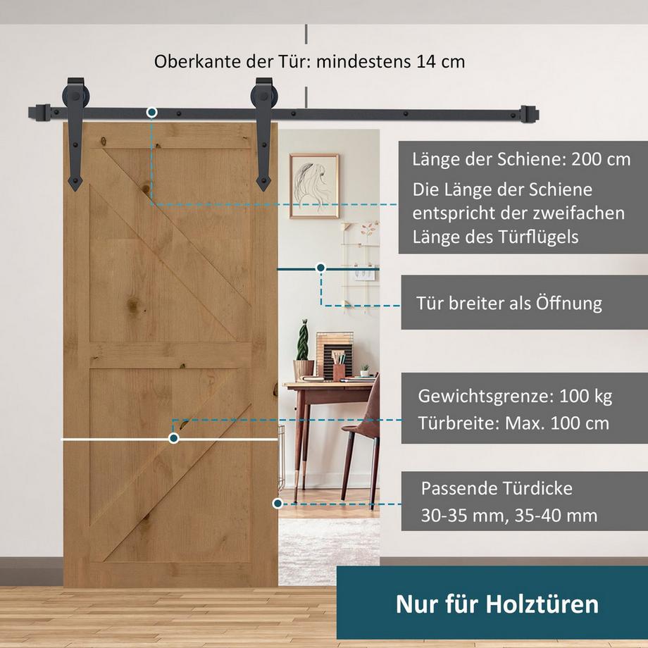Northio  Schiebetüren-Beschlagsatz 200 cm Komplett-Set mit Schienen, Rollen, Anti-Sprung-Vorrichtungen, Türstopper, Bodenführung, Schiebetürsystem aus Kohlenstoffstahl Braun 