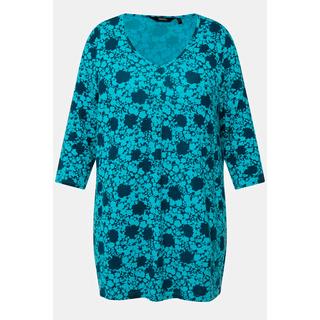 Ulla Popken  Maglia dal taglio svasato con fiori, scollo a V e maniche a 3/4 