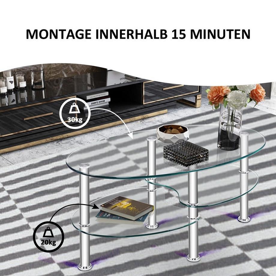Northix 3 Ebenen Glastisch mit Modernem Ovalen Design Dreistufigem Regal Transparent  