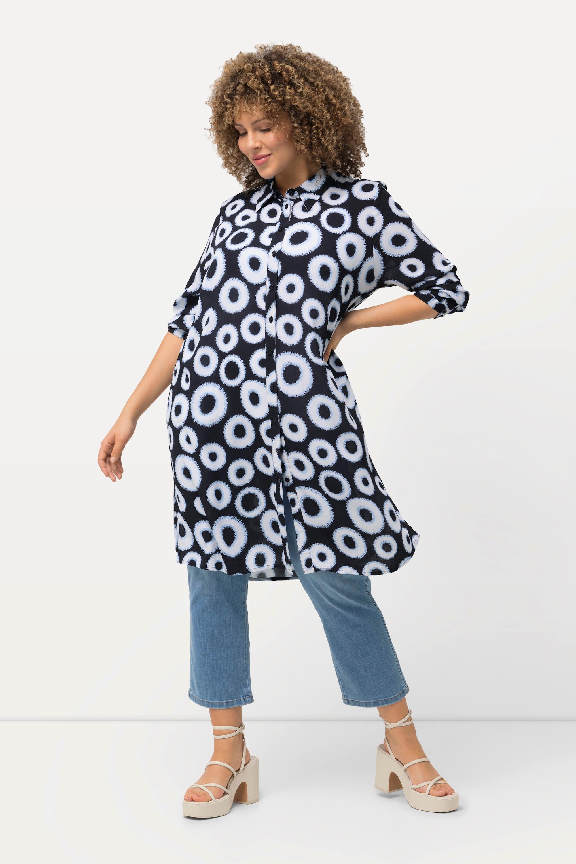 Ulla Popken  Chemisier long en tissu crêpe à motif cercles, col de chemise et manches longues et 