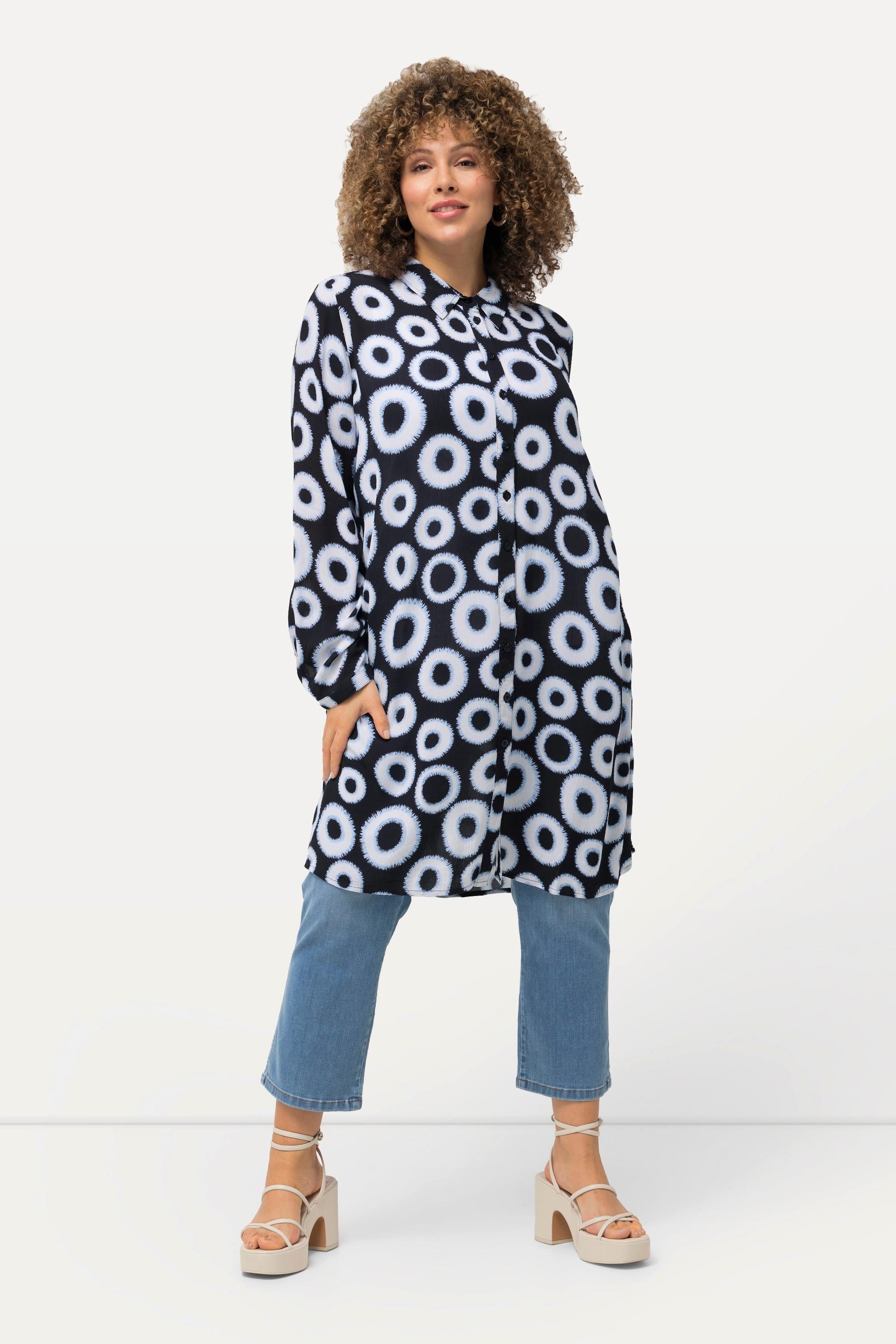 Ulla Popken  Chemisier long en tissu crêpe à motif cercles, col de chemise et manches longues et 