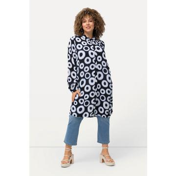 Blusa lunga in crêpe con cerchi, collo da camicia e maniche lunghe