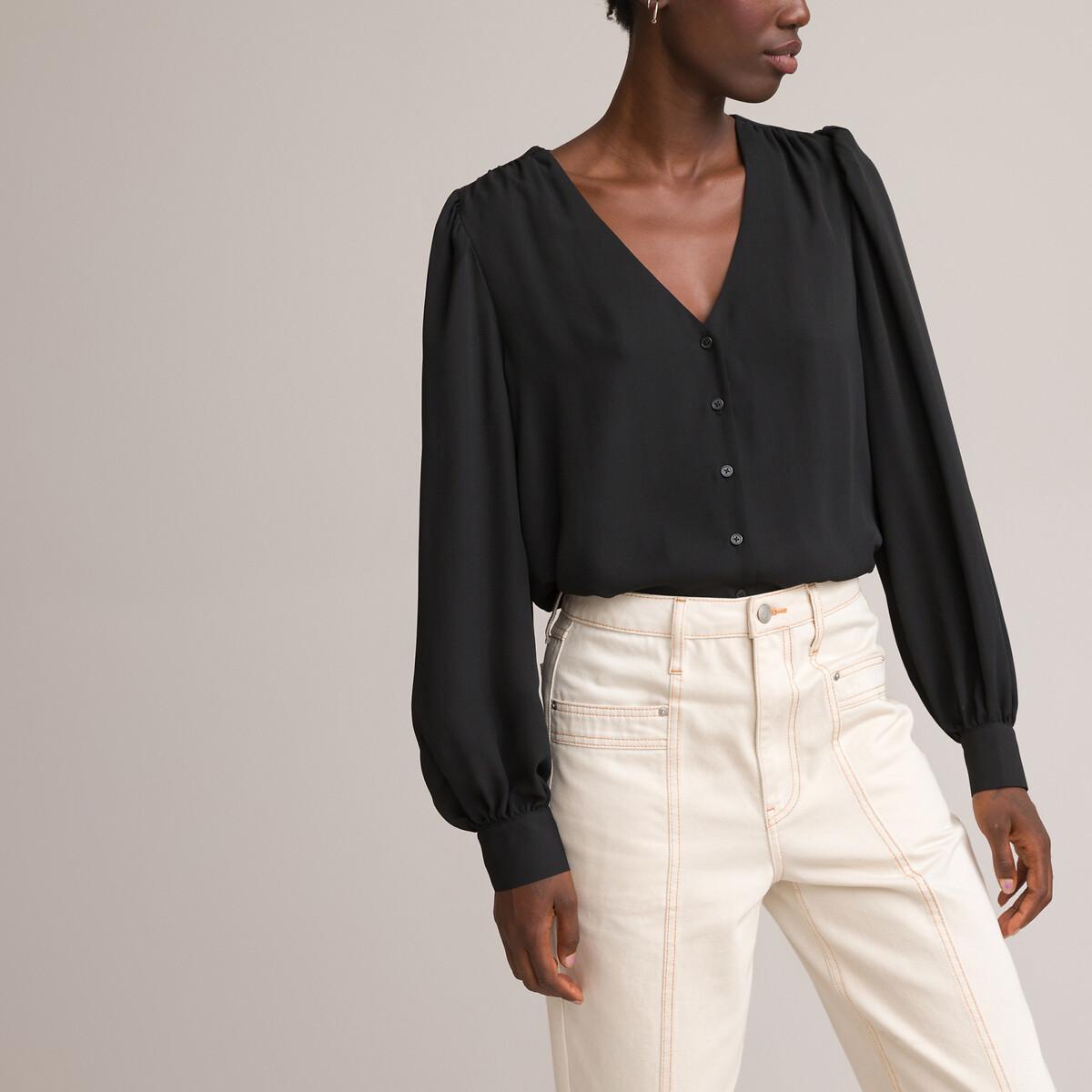 Image of Langärmelige Bluse Mit V-ausschnitt Damen Schwarz 38