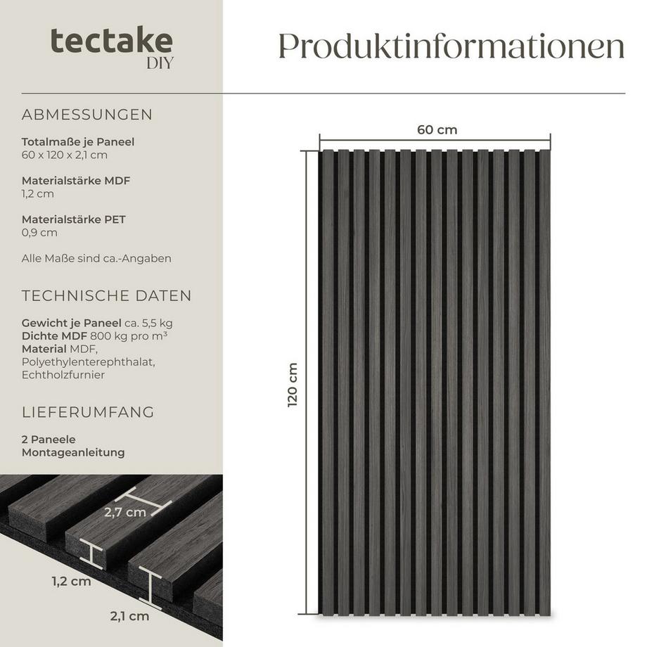 Tectake Akustikpaneele Sonic Wall je 60 x 120 x 2,1 cm, Größe flexibel anpassbar schallabsorbierender Filz  
