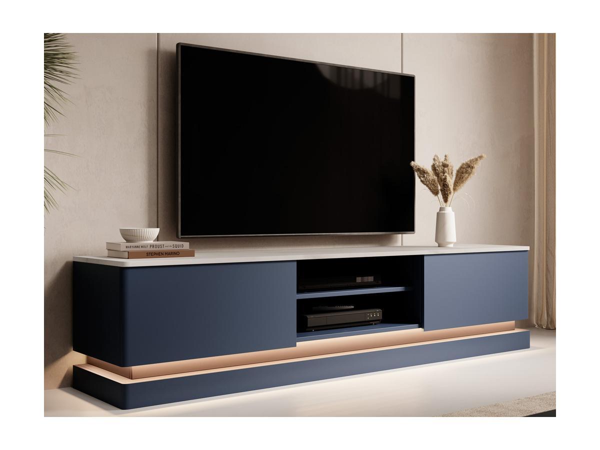 PASCAL MORABITO TV-Möbel mit 2 Schubladen & 2 Ablagefächer + LED-Beleuchtung - MDF - Blau & Marmor-Optik Weiß - DEVIKA von Pascal MORABITO  