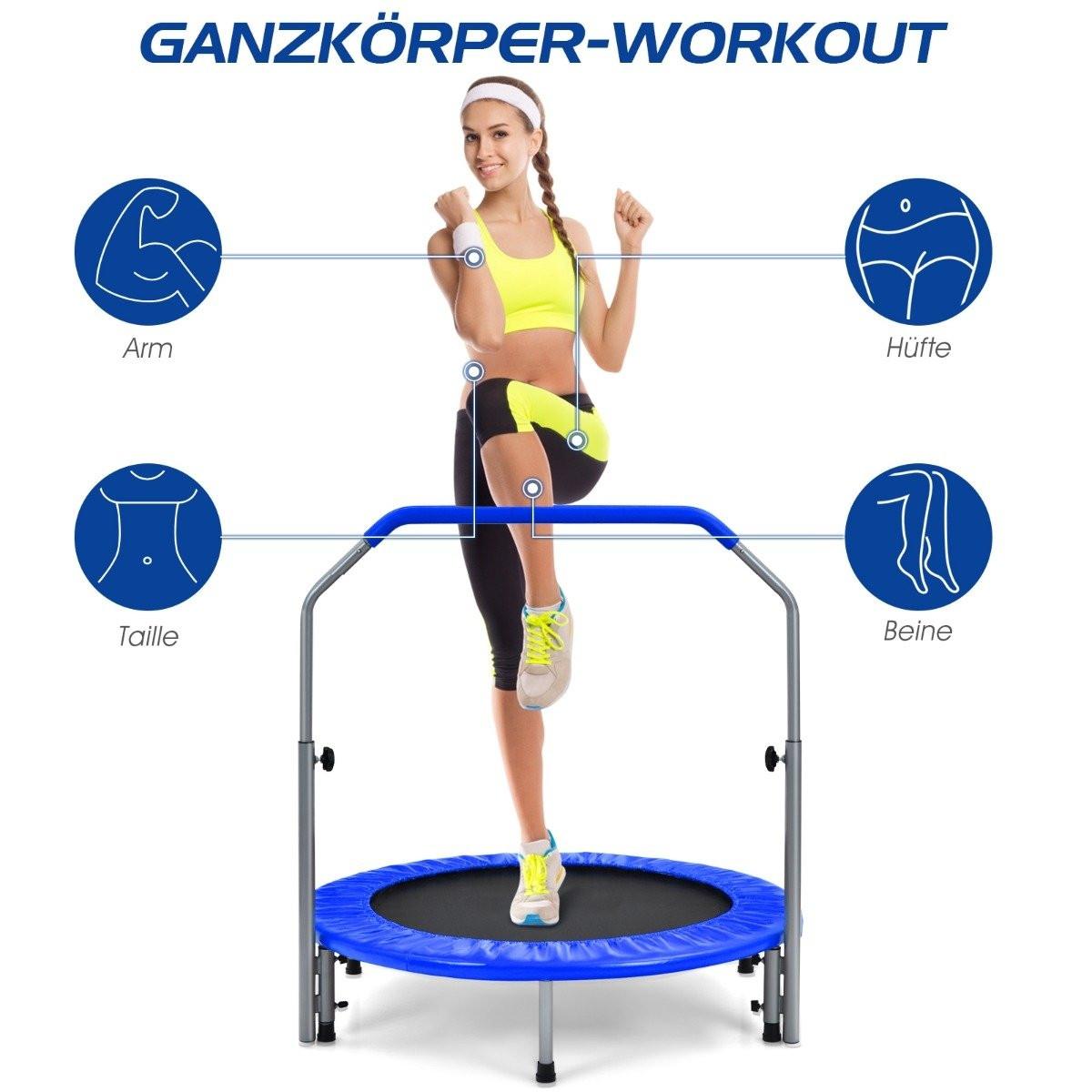 Northix  Mini trampolino trampolino fitness pieghevole Ø101 cm con maniglia regolabile in altezza blu + nero 