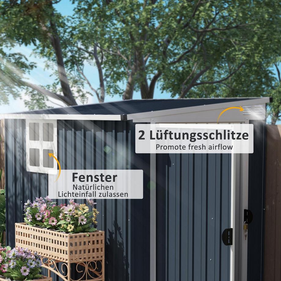 Northio Metall Gerätehaus 2,7m² 128x193x181cm Geräteschuppen mit Pultdach Fenster Abschließbarer Tür wetterfest Gartenhaus Outdoor Garten Schuppen für Hinterhof Außenbereich Dunkelgrau Aosom  