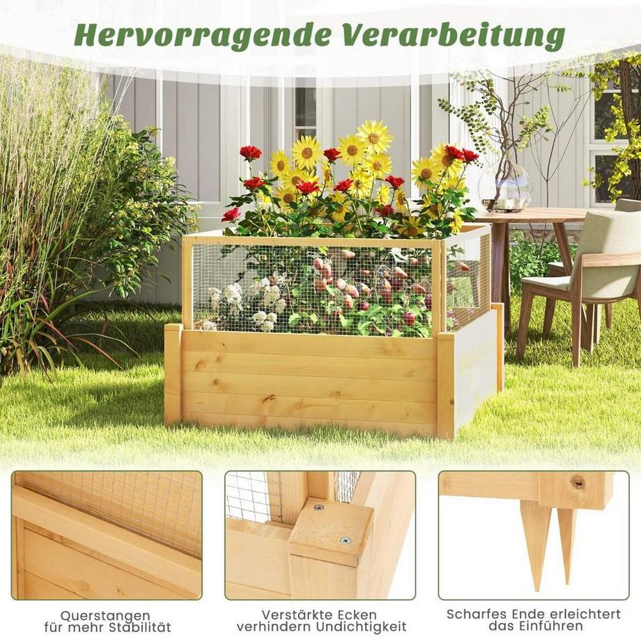 Northix Plate-bande surélevée avec clôture jardinière en bois avec clôture de protection 4 côtés et grille de plantation 107 x 107 x 70 cm  