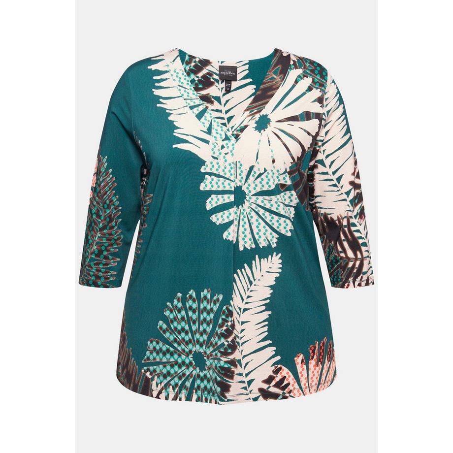 Ulla Popken Maglia Slinky Floreale A-Line Scollo a V Maniche 3/4  