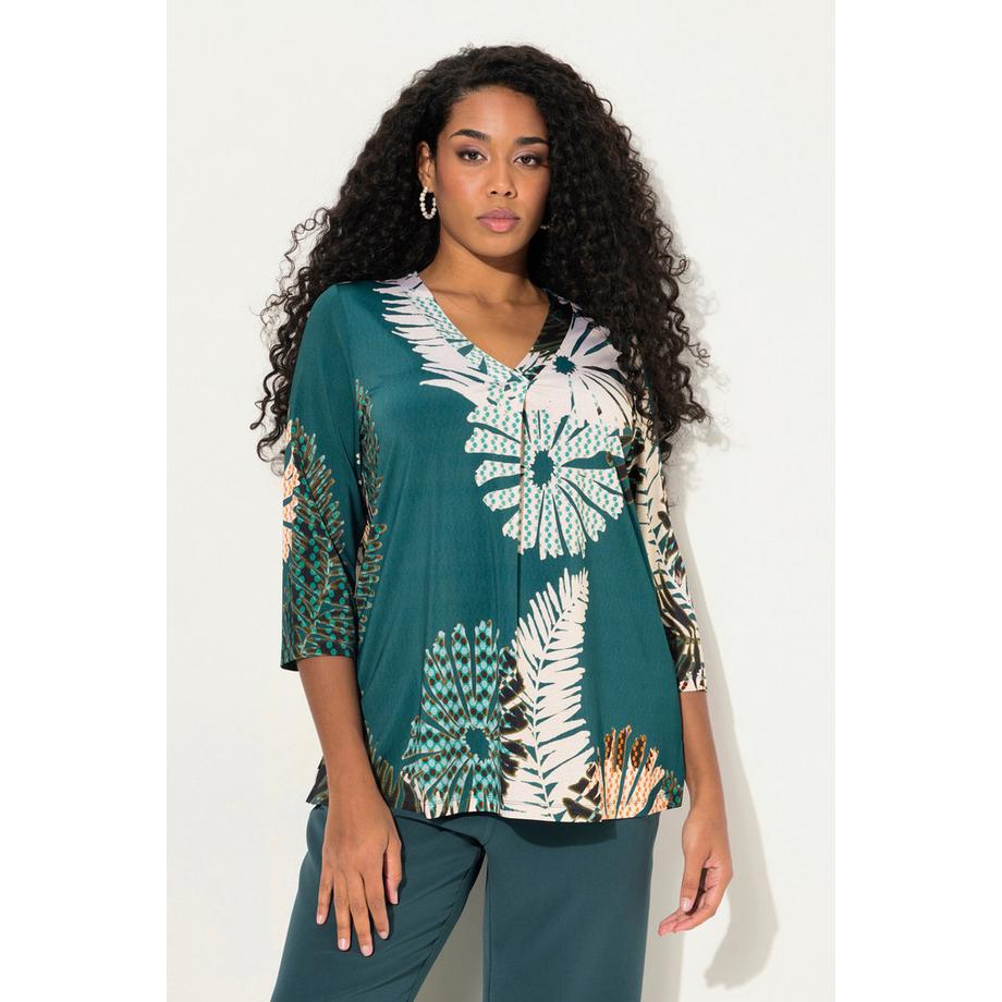 Ulla Popken Maglia Slinky Floreale A-Line Scollo a V Maniche 3/4  