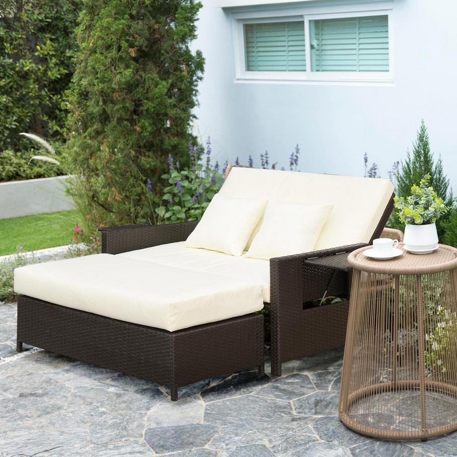 Northio Canapé De Salon En Polyrotin Canapé De Jardin Chaise Longue De Jardin 2 Places Avec Coussin Tabouret Marron  