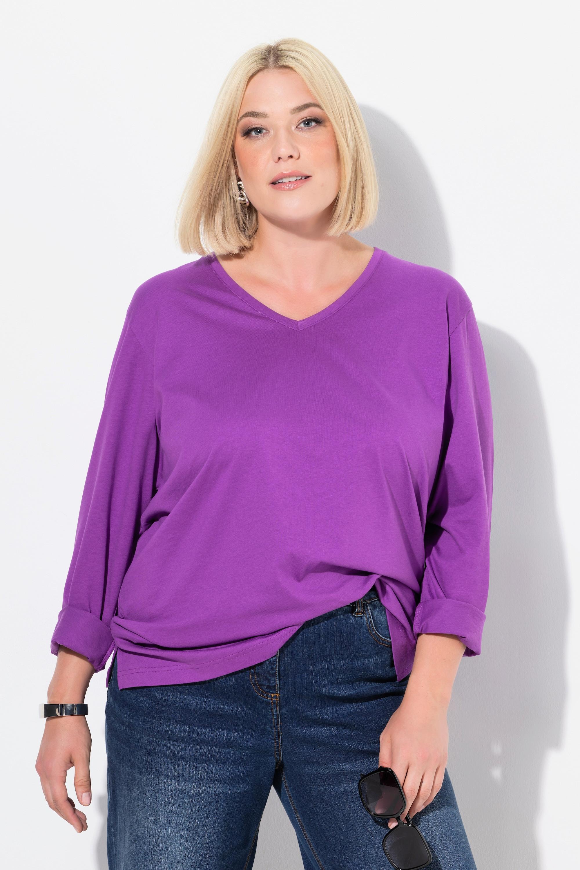 Ulla Popken  Shirt, V-Ausschnitt, Relaxed, Langarm 