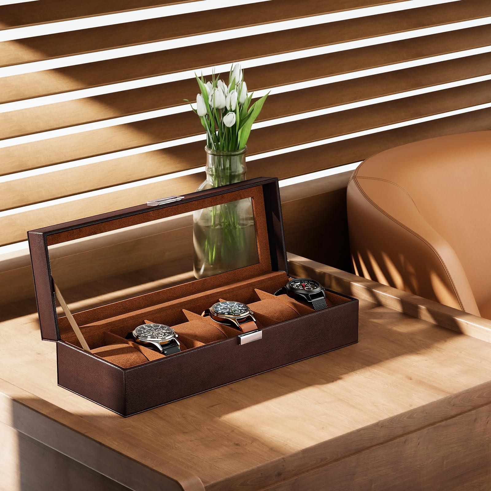 Only-bags.store  Boîte à montres avec 6 compartiments, boîte à montres avec couvercle en verre, boîte à montres avec coussin pour montres, rangement pour montres 