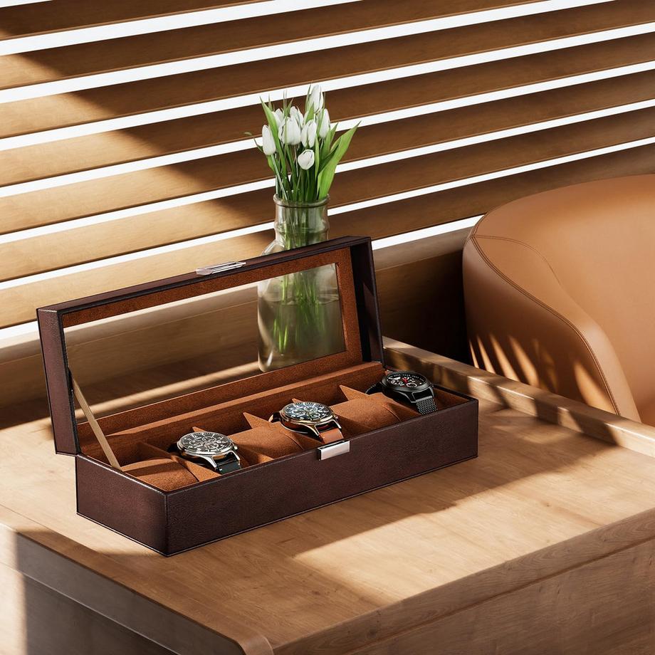 Only-bags.store  Uhrenbox mit 6 Fächern, Uhrenbox mit Glasdeckel, Uhrenkoffer mit Uhrenkissen, Uhrenaufbewahrung 