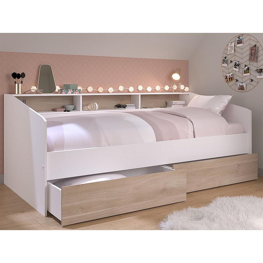 Vente-unique Letto Con vani portaoggetti 90 x 200 cm Bianco e Naturale + Rete a doghe + Materasso - PAULETTE  