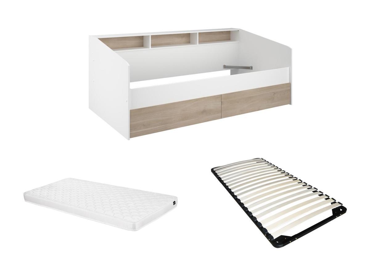 Vente-unique Letto Con vani portaoggetti 90 x 200 cm Bianco e Naturale + Rete a doghe + Materasso - PAULETTE  