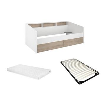 Lit 90 x 200 cm avec rangements - Blanc et naturel + Sommier + Matelas - PAULETTE