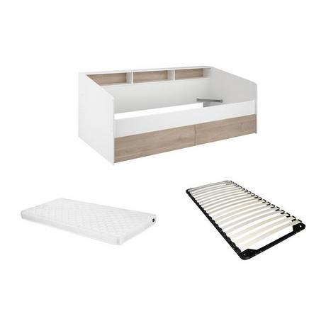 Vente-unique Letto Con vani portaoggetti 90 x 200 cm Bianco e Naturale + Rete a doghe + Materasso - PAULETTE  