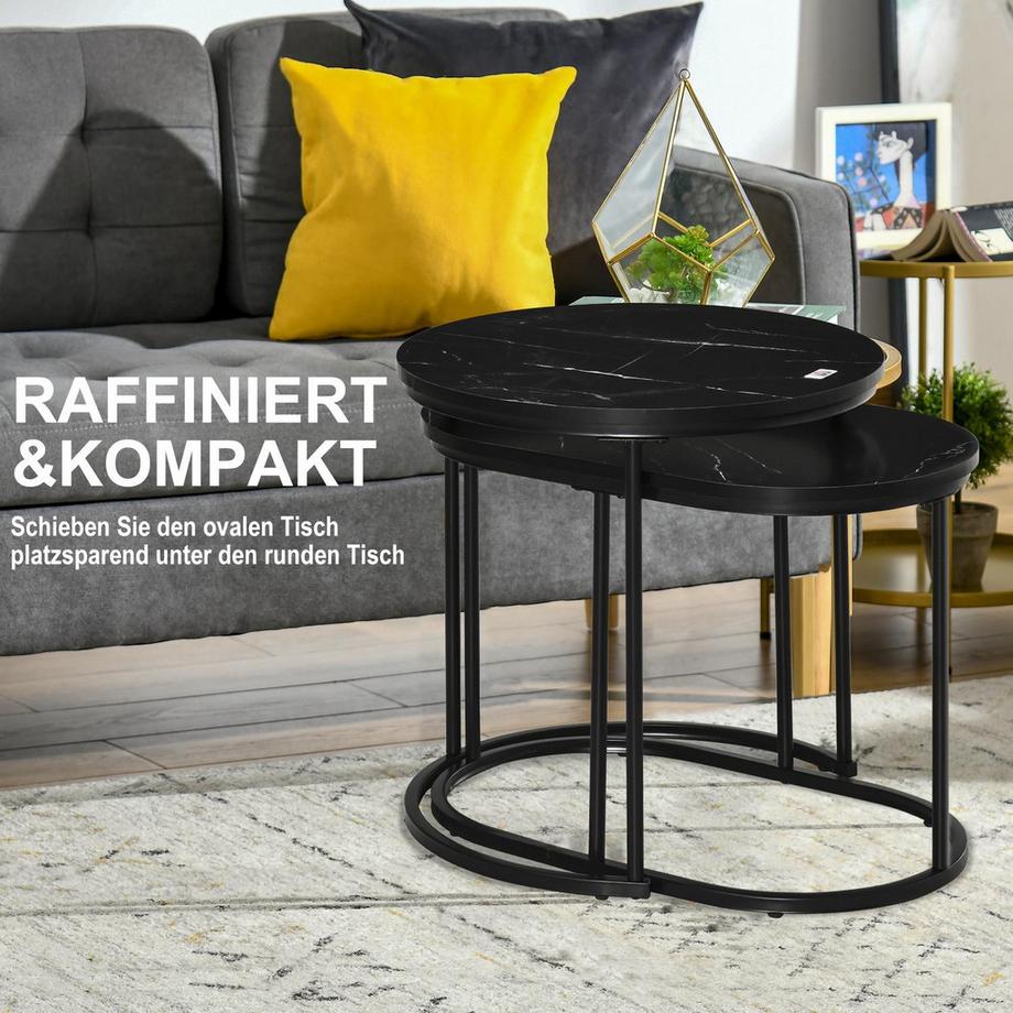 Northio 2Er Set Couchtisch Satztisch Rund Oval Bestelltisch Kaffeetisch Stapelbar Mit Faux Marmor Seite Bis 30 Kg Mdf Stahl Schwarz Ø50 X 50,5H Cm  