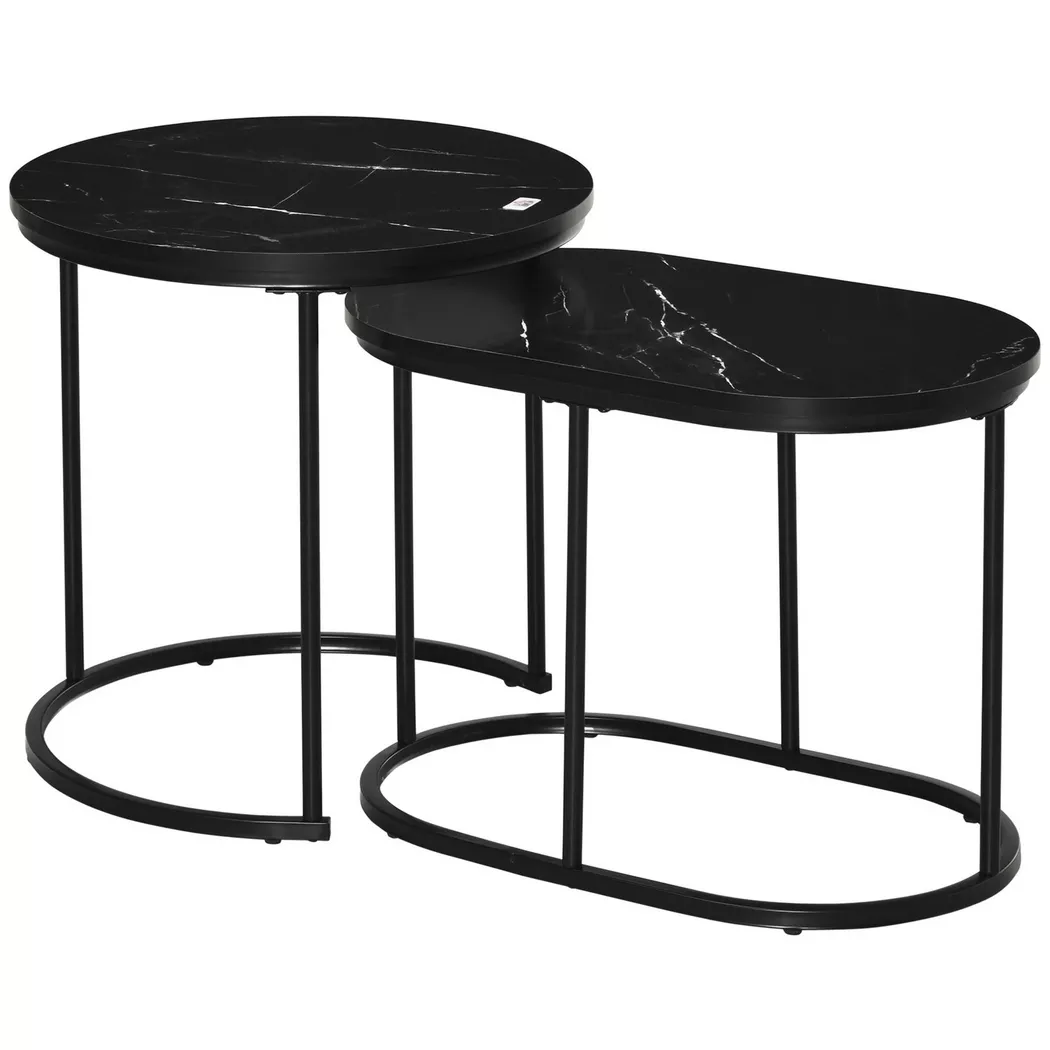 Northio - 2Er Set Couchtisch Satztisch Rund Oval Bestelltisch Kaffeetisch Stapelbar Mit Faux Marmor Seite Bis 30 Kg Mdf Stahl Schwarz Ø50 X 50,5H Cm, One Size