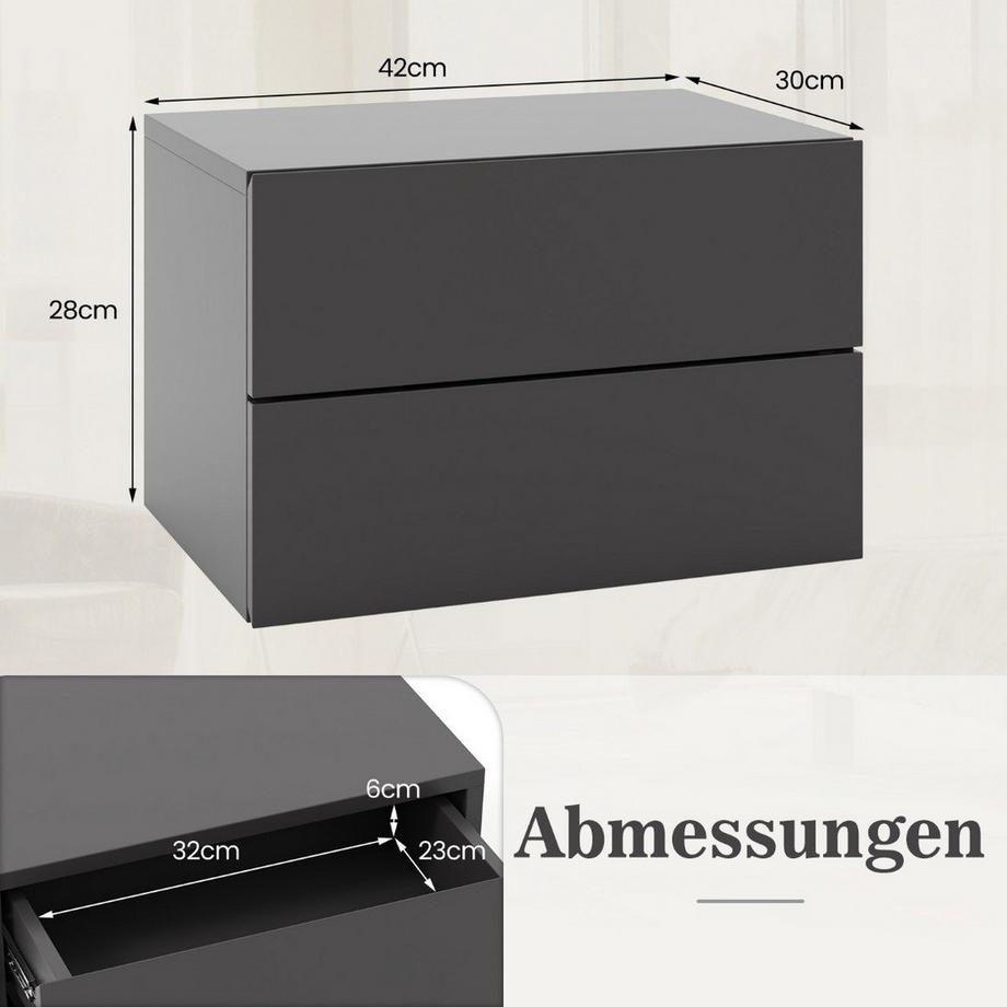 Northix Comodino pensile mensola a muro con 2 cassetti tavolino montato a parete 42 x 30 x 28 cm grigio  