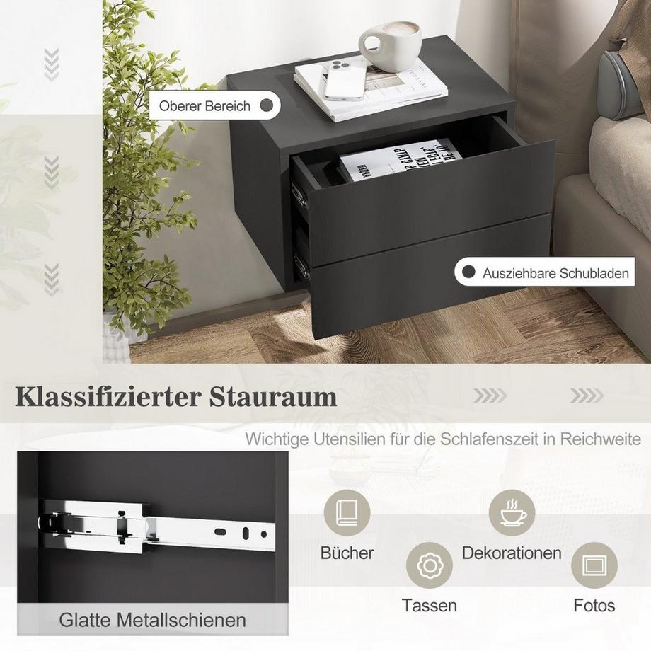 Comodino pensile mensola a muro con 2 cassetti tavolino montato a parete 42 x 30 x 28 cm grigio