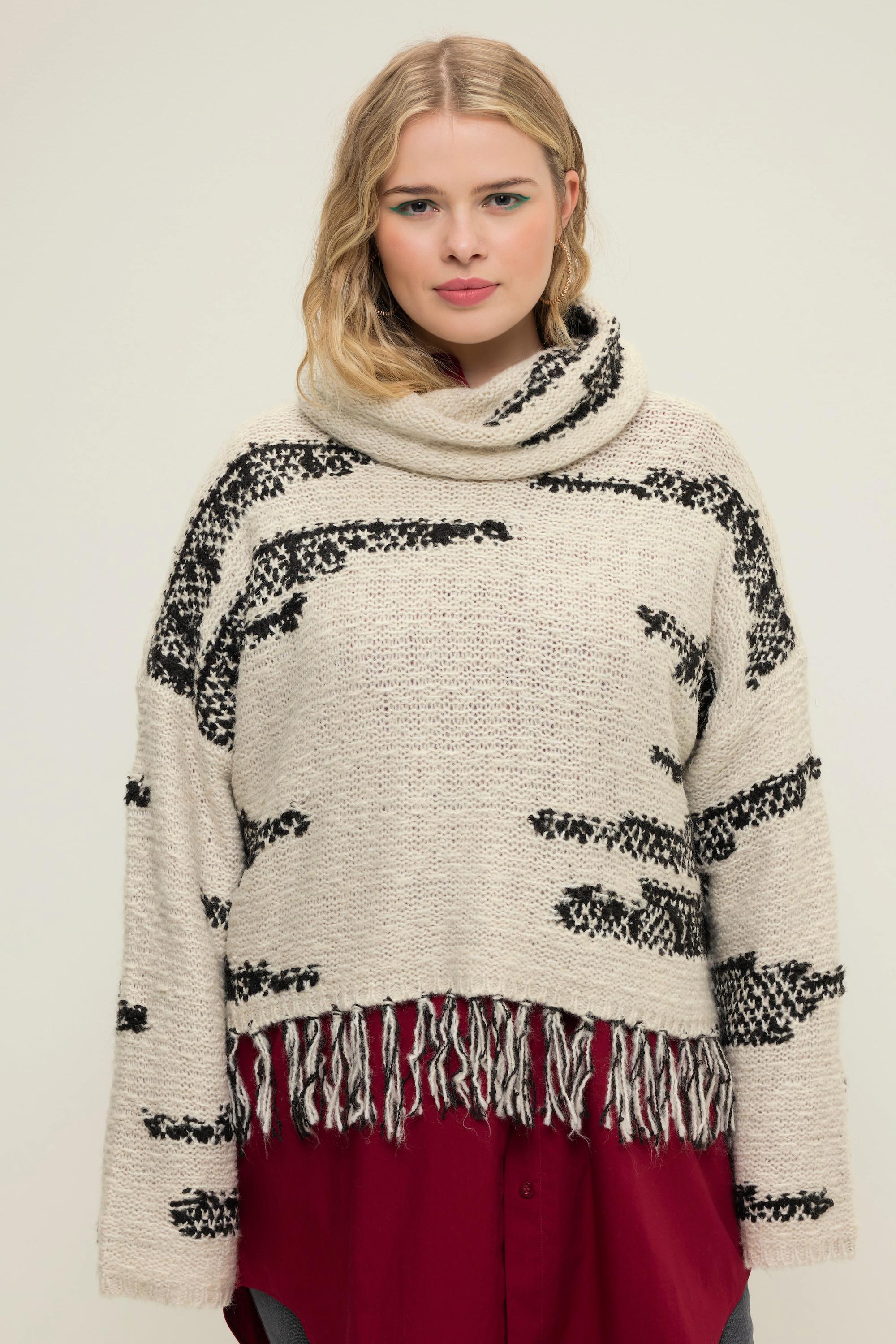 Studio Untold  Rollkragen-Pullover, oversized, Jacquard-Strick, Fransensaum 