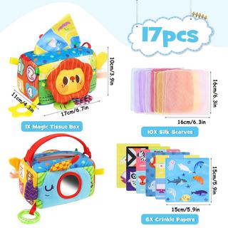 Activity-board  Tissue Box Toy, 7-in-1 mit 16 farbigen Tüchern, kontrastreiches Lernspielzeug 