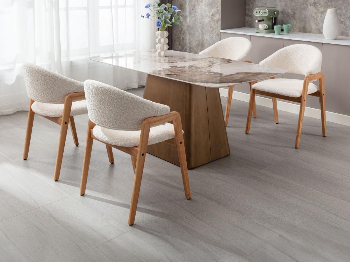 Vente-unique Sedia con braccioli in Tessuto bouclette e Legno di hevea Bianco - Lotto di 6 - SOLUNA  