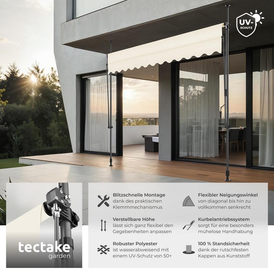 Tectake Klemmmarkise  mit Handkurbel UV-beständig  