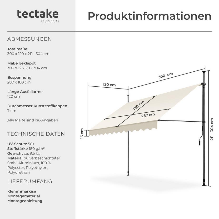 Tectake Klemmmarkise  mit Handkurbel UV-beständig  