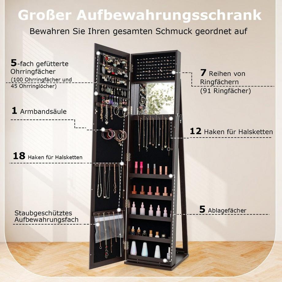 Northix Schmuckschrank mit Ganzkörperspiegel & Integriertem Make-up Spiegel Spiegelschrank Dunkler Kaffee  