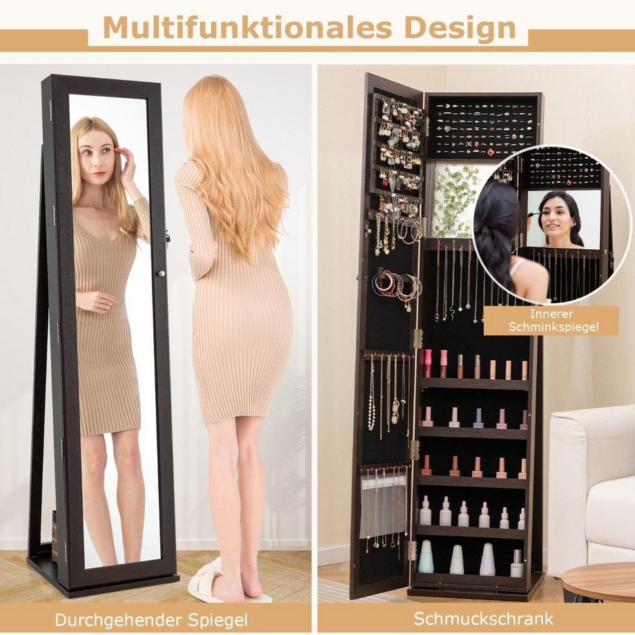Northix Schmuckschrank mit Ganzkörperspiegel & Integriertem Make-up Spiegel Spiegelschrank Dunkler Kaffee  