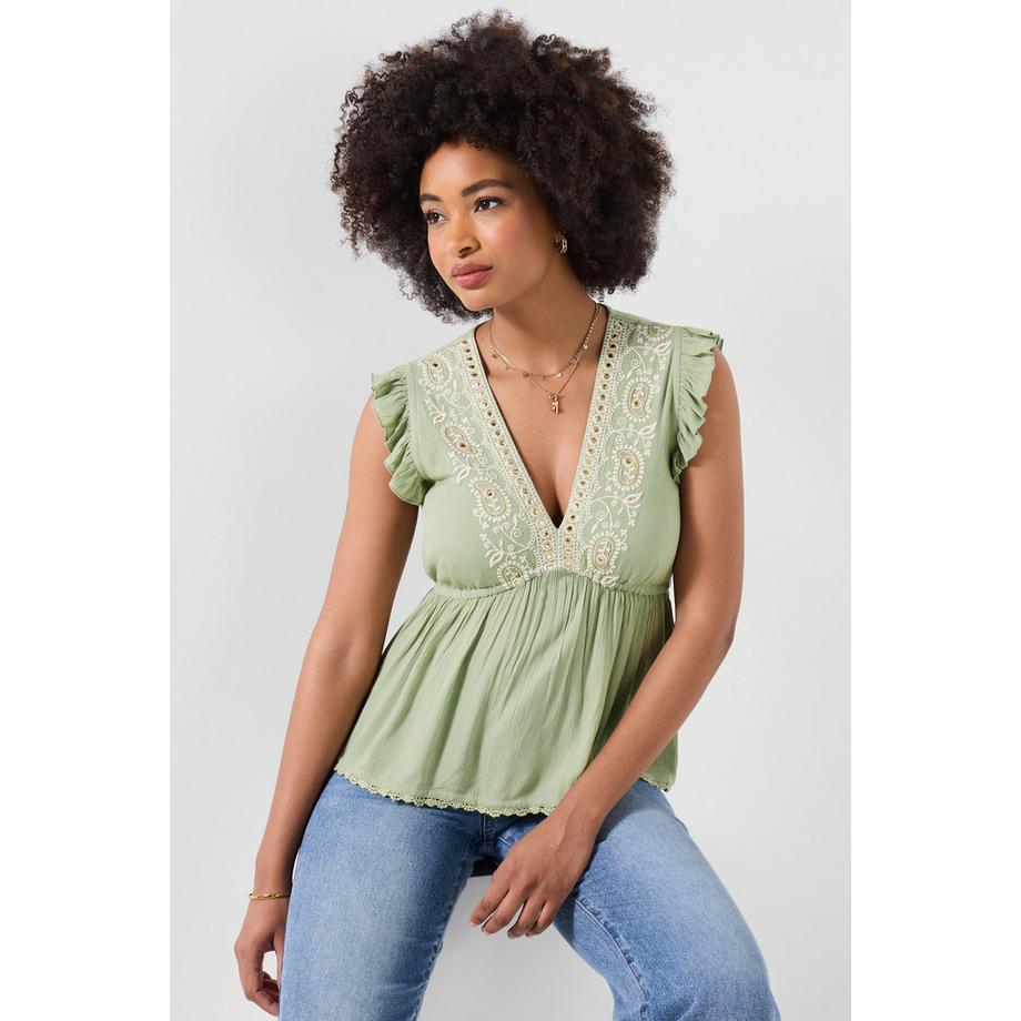 Blouse Brodée avec Encolure Cachemire à Sequins et Ourlet en Dentelle
