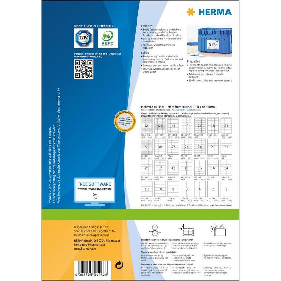 HERMA Etichetta universale 210 x 148 mm Carta Bianco 200 pz. A tenuta permanente Stampante a getto d'inchiostro  