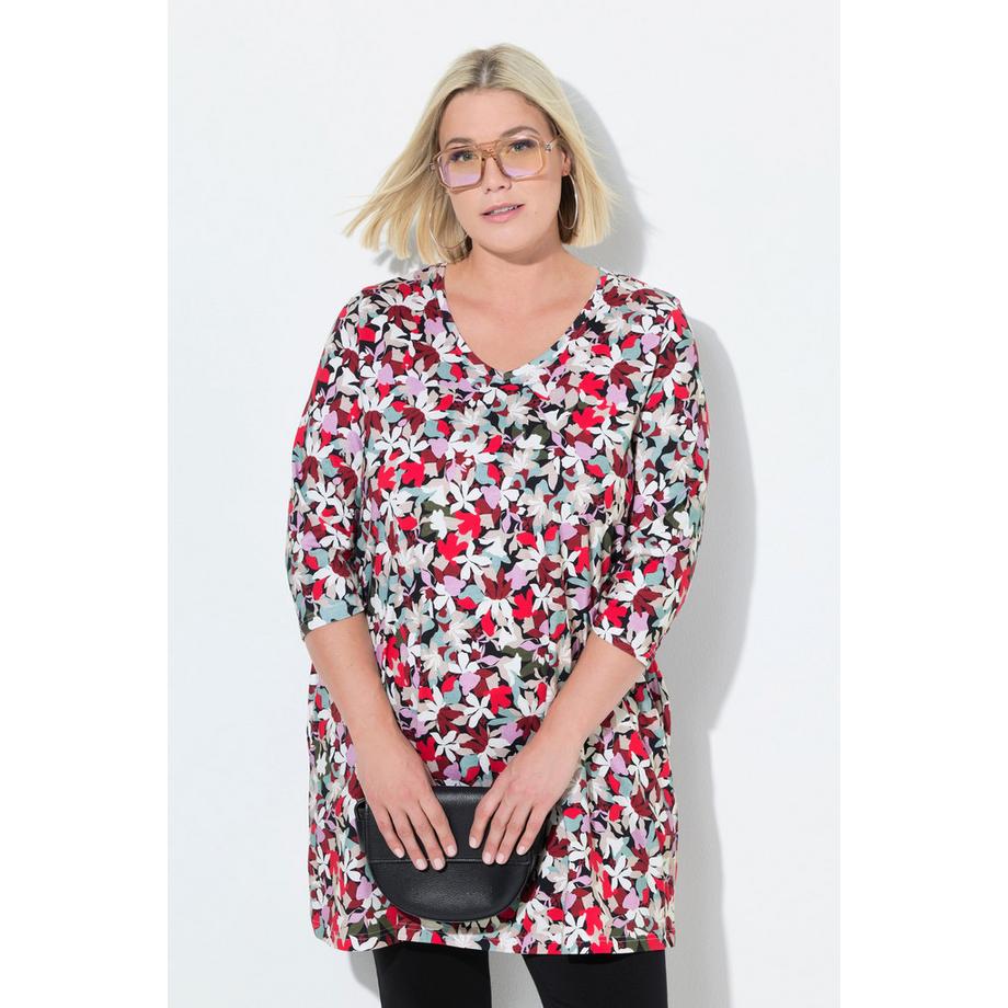 Ulla Popken Floral A-Line Col V Manches 3/4 Longshirt  