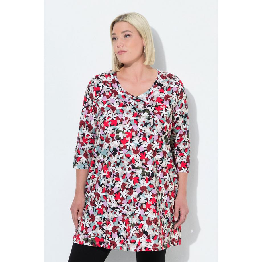 Ulla Popken Floral A-Line Col V Manches 3/4 Longshirt  